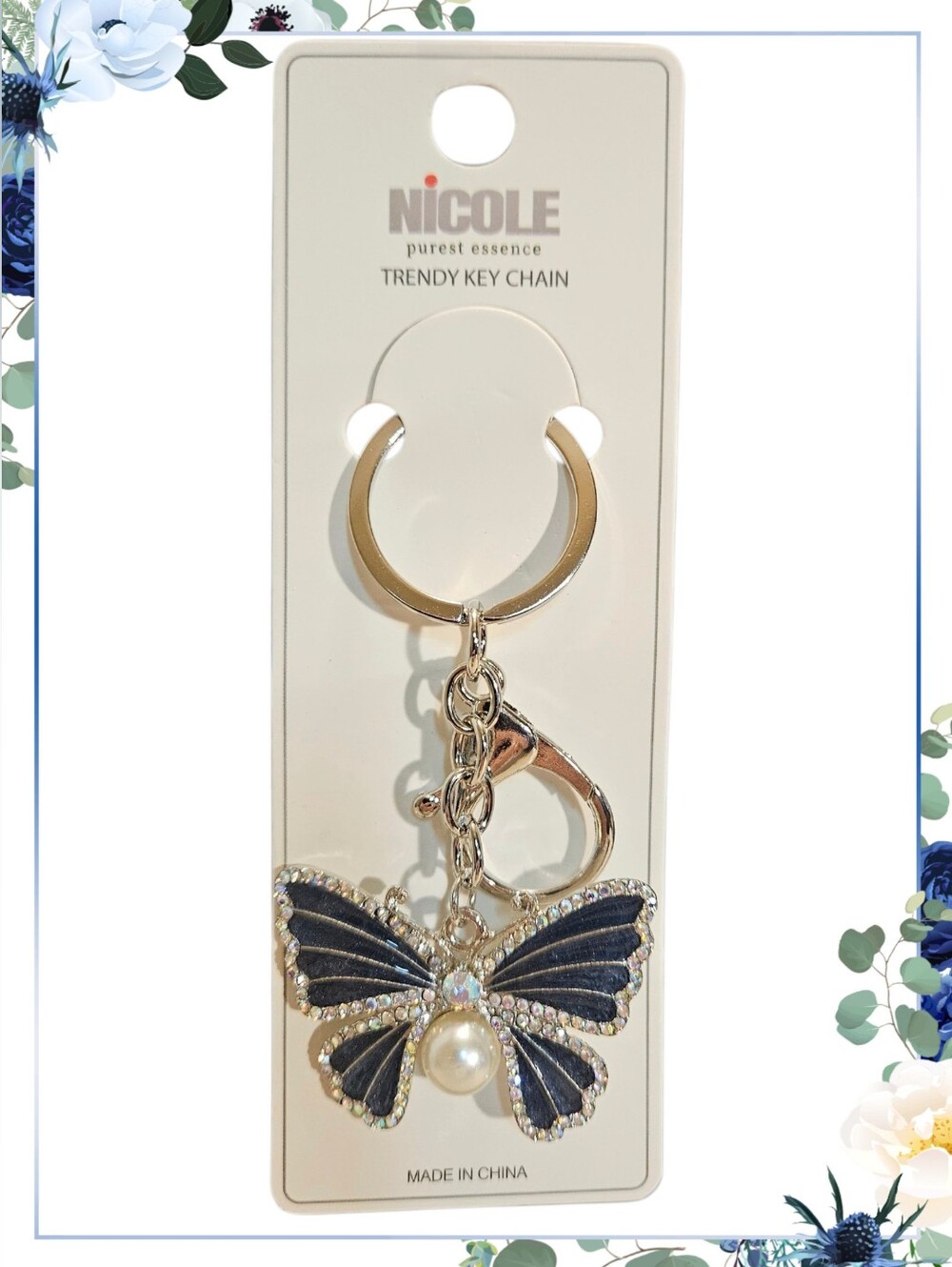 Nicole Navy Blue Butterfly Purse Charm Keychain-Rhinestones In Silver Tone
